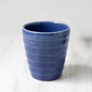 Blue pottery cup planter with flower on bottom unsigned vintage